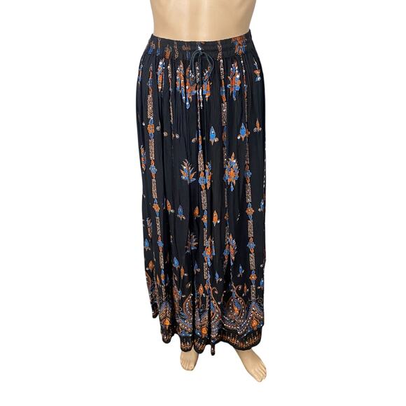 American Vintage Dresses & Skirts - Vtg Black Orange Blue Paisley Sequin Embellished Boho Hippie Maxi Skirt S/M